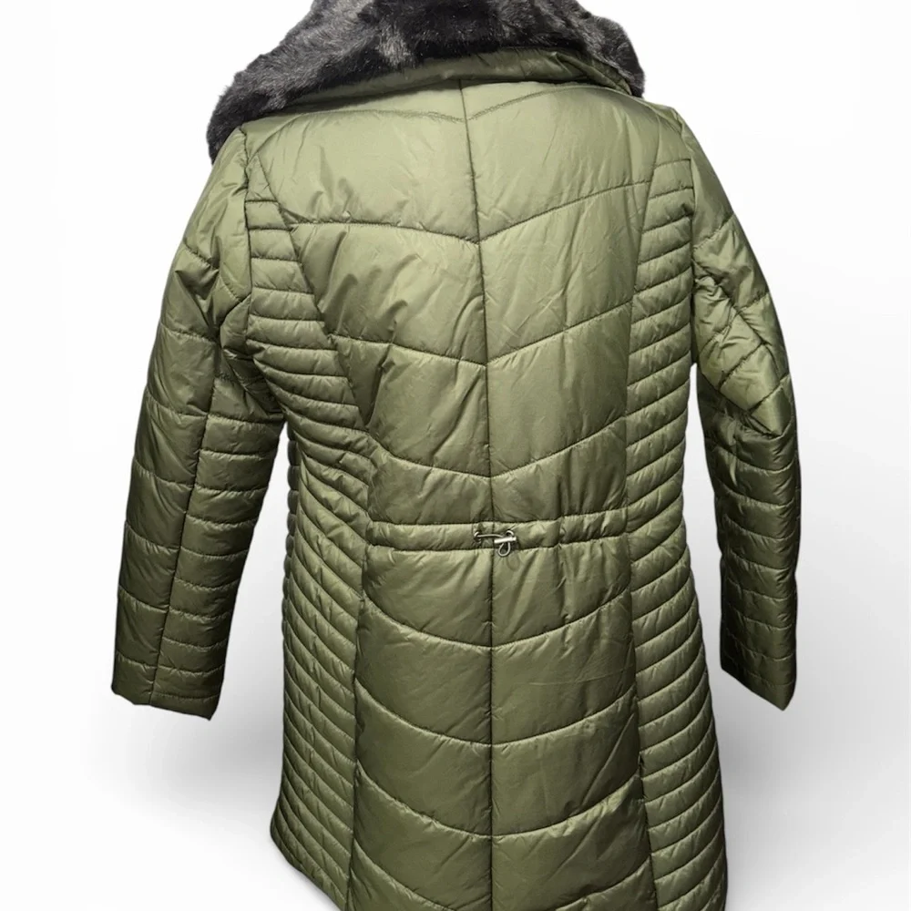 Weatherproof Olive Puffer Jacket with Black Faux Fur Collar